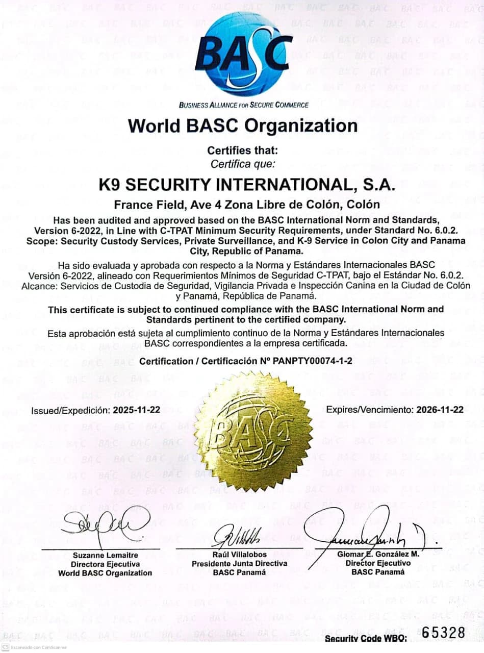 Certificado BASC de K9 Security International